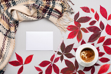 Autumn home cozy composition. Red leaves wild grape, cup of coffee, card and envelope, scarf on gray background.