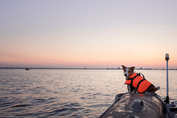 dog in a life jacket in a boat. Jack Russell Terrier sea voyage