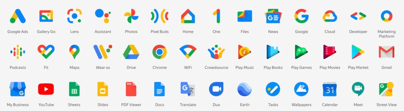 MOSCOW, RUSSIA - SEPTEMBER 14, 2020. Official application icons Google LLC 2020. Large set icons Google isolated on light background. Vector illustration EPS10.
