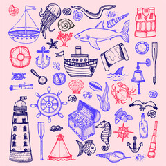 Big set of cute hand drawn elements of marine theme including ships, anchors, fish, shells and others. Hand drawn marine collection