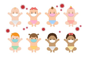 Set of cute babies and their daily illustrations, babies wear masks to prevent infection