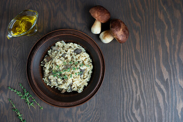 Top view of creamy risotto or Italian arborio rice dish cooked with broth containing mushrooms, onion, white wine, olive oil and parmesan cheese on dark brown wooden background. Image with copy space