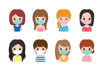 Various women, girls, wearing masks, colds, cute illustrations, set