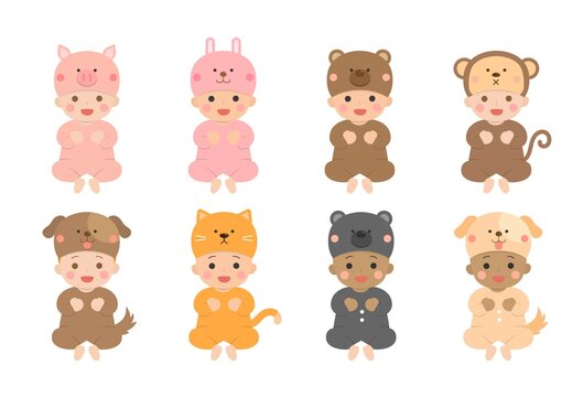 Set of cute babies and their daily illustrations, babies wearing animal-shaped clothes