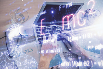 Science formula hologram with man working on computer on background. Education concept. Double exposure.