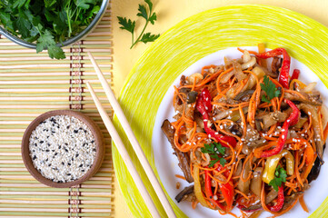 Korean eggplants. Spicy vegetable salad with eggplant, bell peppers, carrots, onions on a plate on a bright background.