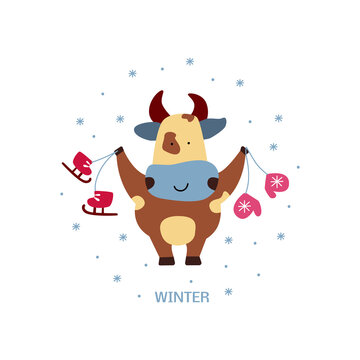 Vector illustration on the theme of the New Year. Picture of a bull with skates and mittens and the inscription winter. For a postcard, for a congratulation, a poster, a sticker.