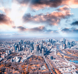 Melbourne City Aerial View Panorama Skyline Cityscape. Fitzroy Gardens, Federation Square, Princes Bridge on Yarra River from helicopter