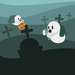 Fototapeta premium Halloween ghosts cartoons at cemetery vector design