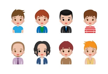 Various men, boys, cute, happy smiles, happiness, joy, facial expressions, cute illustrations, set