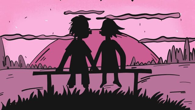 silhouettes of a couple in love kissing on a pink sunset cartoon animation