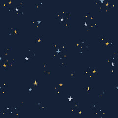 Naklejka premium Night starry sky background. Vector seamless pattern with stars on dark backdrop. Golden and blue stars pattern