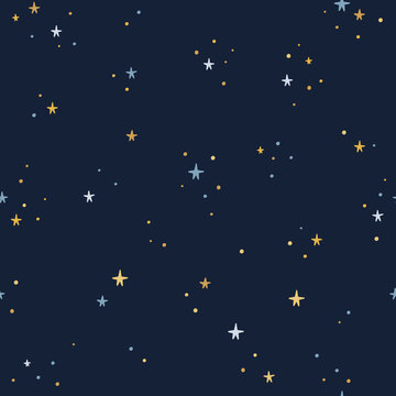 Night starry sky background. Vector seamless pattern with stars on dark backdrop. Golden and blue stars pattern