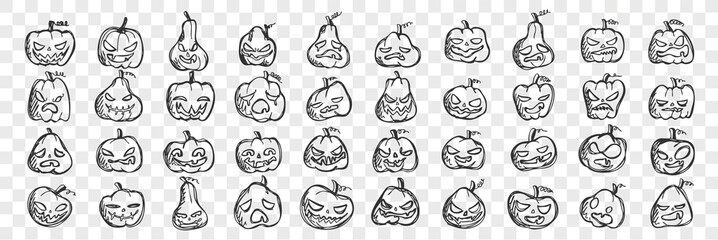 Pumpkins doodle set. Collection of hand drawn pencil sketches templates patterns of pumpkin faces with angry or happy emotions on transparent background. Illustration of Halloween symbol.