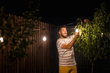 Party time in backyard with happy man hanging string lights in trees - 377853104