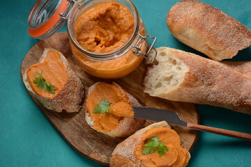 Squash puree (squash caviar) in a glass jar .Homemade caviar of vegetables 