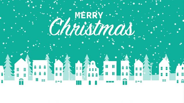 Snowy townscape parallax animation - Included greeting words "Merry christmas"