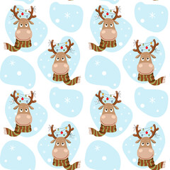 Vector seamless pattern with Christmas deers with horns decorated garland. Winter holiday wallpaper. Texture with cute funny cartoon animals for wrapping paper.