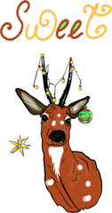 Vector New Year's illustration. Deer in a Santa hat with an inscription. Festive illustration for printing on clothes, prints, postcards, wrapping paper