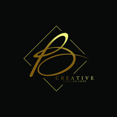 Stylish Letter B Gold Signature Logo Designwith Squareline Background
