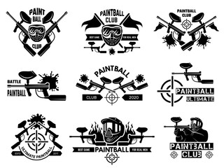 Paintball badges. Sport shields with gun paint shooter with weapons and target vector template. Illustration paintball sport logo, badge and emblem - obrazy, fototapety, plakaty
