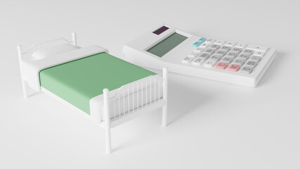 平面上に置かれたおもちゃのベッドと電卓のCGによるフォトリアルなイラスト