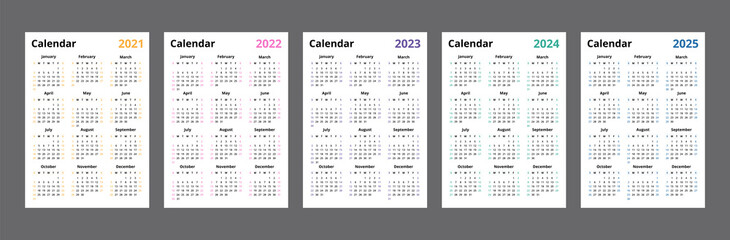 Calendar 2021, 2022, 2023, 2024, 2025. Colorful calendar template design. Week start on Sunday.