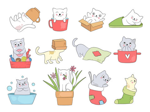 Cute kitty. Funny cats in cups sleeping playing jumping kitty hide in slippers vector cartoon animal. Kitty and kitten cute, relax or playful illustration