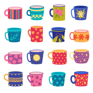 Ornaments cup. Trendy handy crafted colored cups with floral and geometrical textures drawn vector set. Illustration cup for coffee and tea with colored pattern