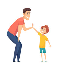 High five. Man greeting boy, happy people. Cartoon father spend time with son together vector illustration. Greeting man to boy high five, happy cartoon friendship