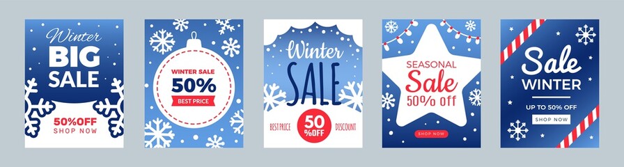 Naklejka na ściany i meble Winter sale flyers. Promo cards, season discount banners. Christmas or New Year shopping banners vector set. Illustration holiday promo template card, seasonal discount