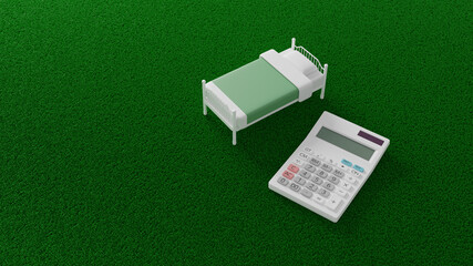 平面上に置かれたおもちゃのベッドと電卓のCGによるフォトリアルなイラスト