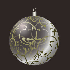 Vector realistic christmas ball. Transparent white ball with floral ornament