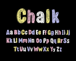 Vector Colorful Crayons Drawn Font Isolated on Black Background, Pastel Colored Letters, Alphabet.