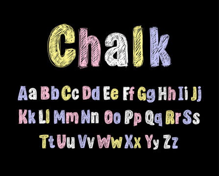 Vector Colorful Crayons Drawn Font Isolated on Black Background, Pastel Colored Letters, Alphabet.