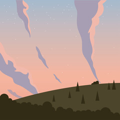 pine trees on mountain and sky with stars vector design