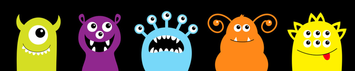 Happy Halloween. Monster icon line set. Cute cartoon kawaii baby character. Funny face head colorful silhouette. Eyes teeth fang tongue. Flat design. Black background. © worldofvector