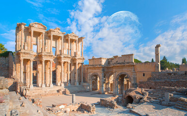 Celsus Library in Ephesus with full moon - Aydin,Turkey "Elements of this image furnished by NASA"