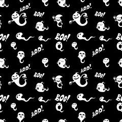 Vector Seamless Pattern, Halloween Ghosts, Holiday Background Template, Black and White Illustration.