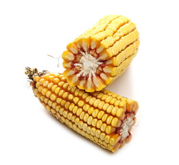 Ripe corn cob sliced in half isolated on white background