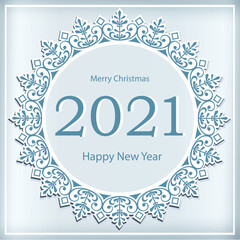 Merry Christmas and Happy New Year 2021. Christmas card with date on background of snowflakes. Vector illustration