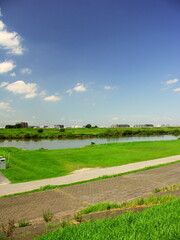Naklejka premium 9月の朝の護岸と江戸川河川敷風景