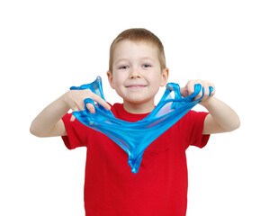 Boy holding slime in his hands and smiling