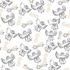 Vector Christmas stylish background in gold tones. Seamless pattern with gold and white elements, snowflakes, Christmas decorations, stars and angels for surface patterns, scrapbooking, gift wrapping