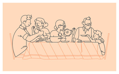 Fototapeta na wymiar Family at the table portrait. Happy parents, grandparents and children having dinner together, chatting, hug each other isolated on white background. Outline vector illustration. Line art.