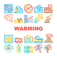 Global Warming Problem Collection Icons Set Vector