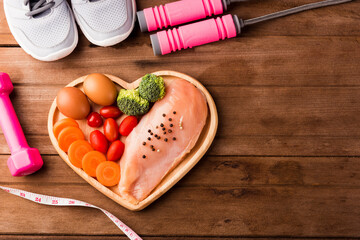 Top view of Raw chicken breasts fillets no boneless with spices in heart plate wood and sport or athlete's equipment dumbbell.running shoes on wooden background, Healthy lifestyle diet food concept