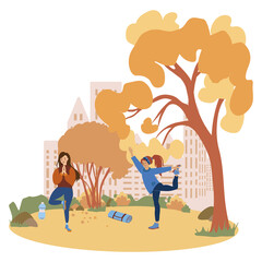 Naklejka premium Women doing yoga in the autumn park, they are happy of their healthy life style. Vector illustration isolated on white background. Sport outdoors concept.