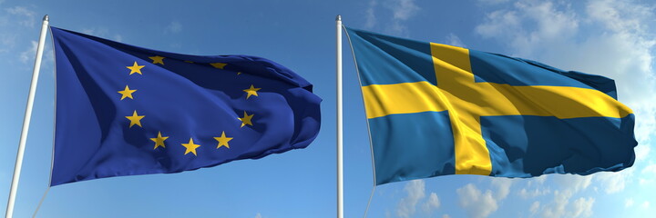 Flying flags of the European Union and Sweden on sky background, 3d rendering