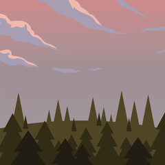 landscape of pine trees and purple sky vector design